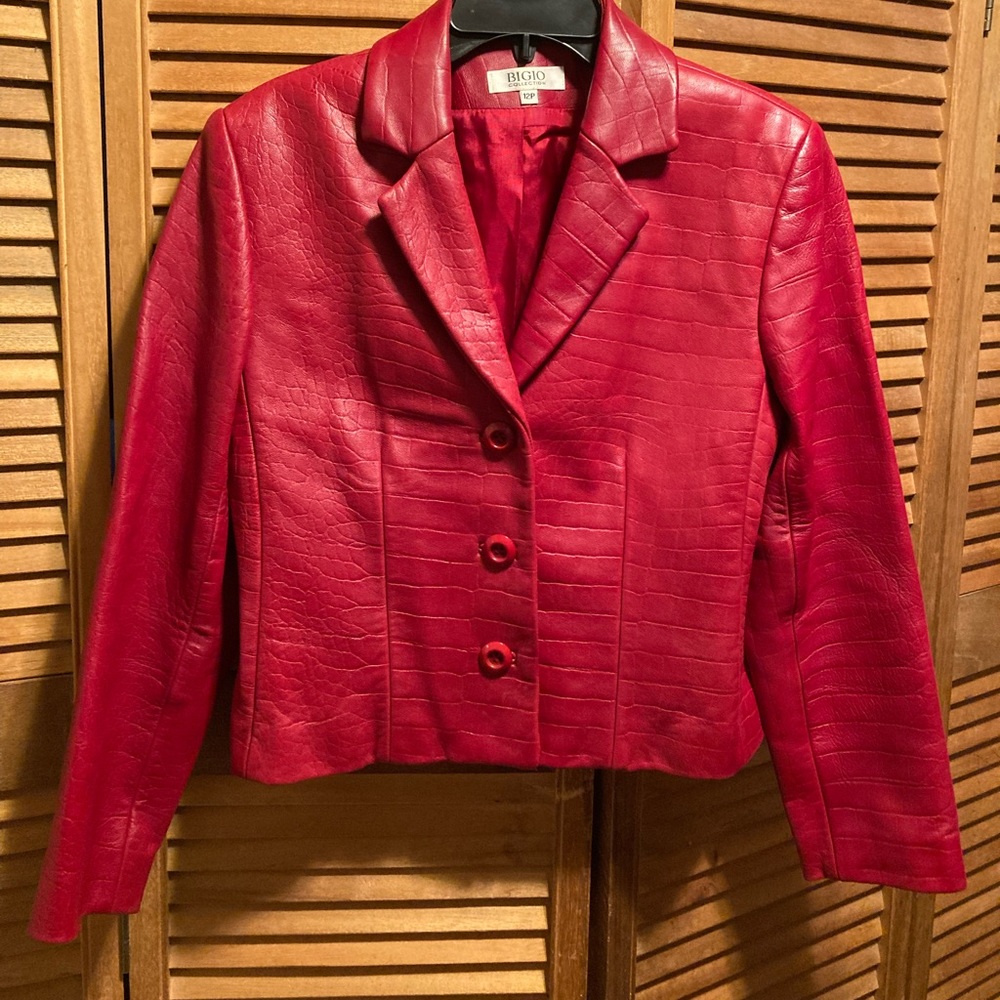 Bigio Collection Red Genuine English Lambskin Embossed Leather Jacket